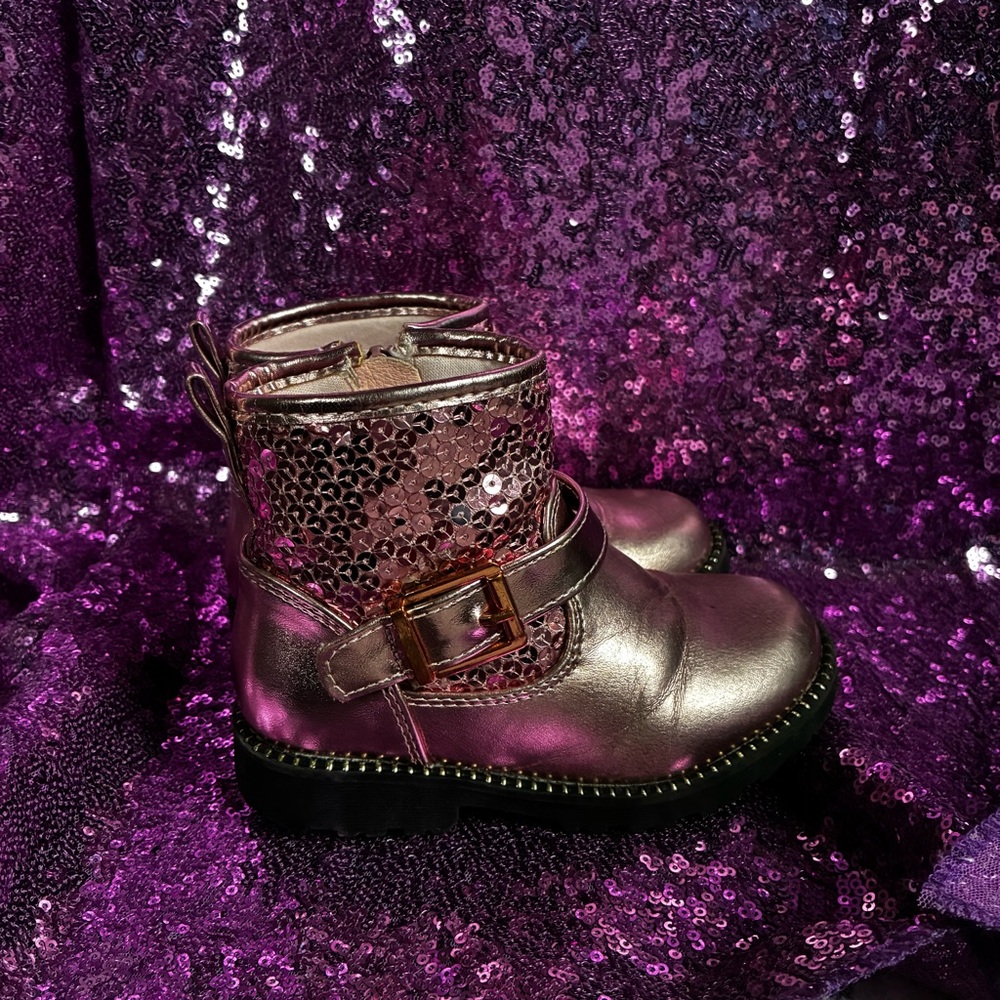 Self Esteem Lil MotoGlam Toddler Girl Metallic Pink Sequin Zip Combat Boots Sz 8